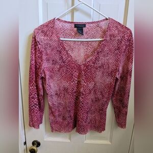 Express, Sheer, Sequined women's top. Large,Pink/Dark Red Snake Skin Pattern.